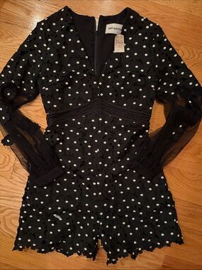 Self-Portrait Black Lace Polka Dot Long Sleeve Romper